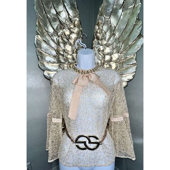 N by Nancy Women's Fishnet Sheer Lace  Champagne Collar Crystals, Size XL - Picture 9 of 16